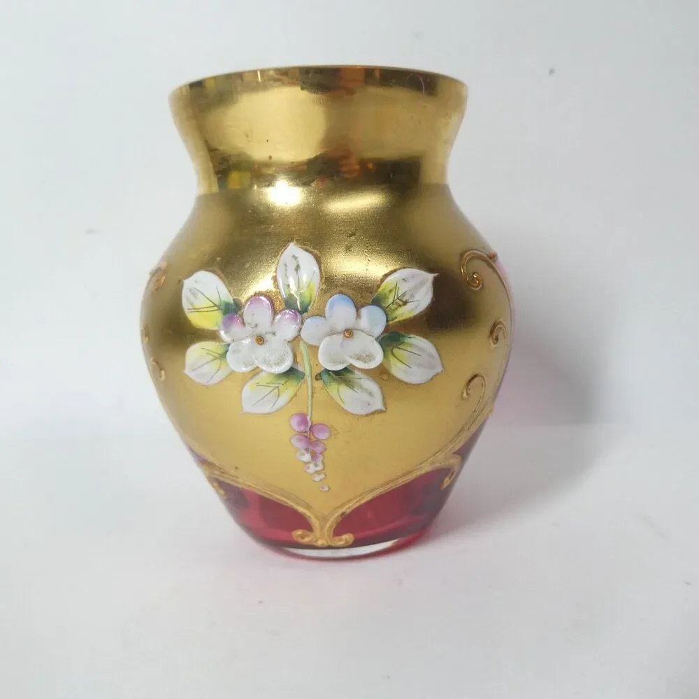 Cranberry Glass Vase Gold Flowers Bohemian Czech Vintage 3.5